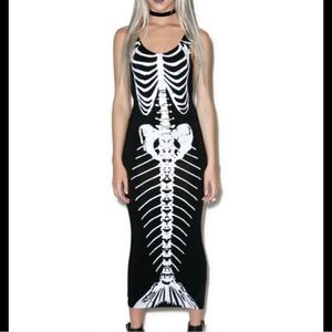 Iron Fist Iridescent Skeleton Print Maxi Dress Bone Deep Black Bodycon Mermaid